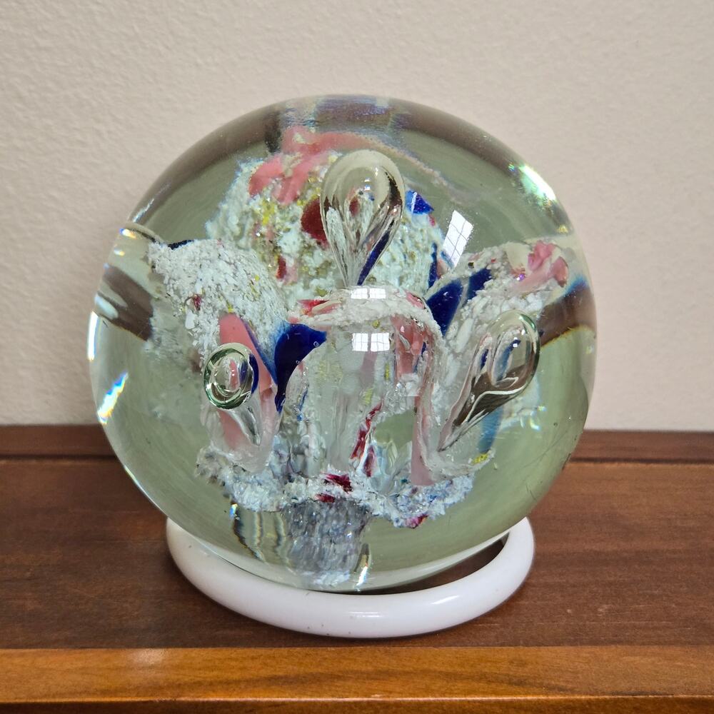 Vtg Glass Blown Paperweight Dark Blue Pink White Controlled Bubbles 4" *read*